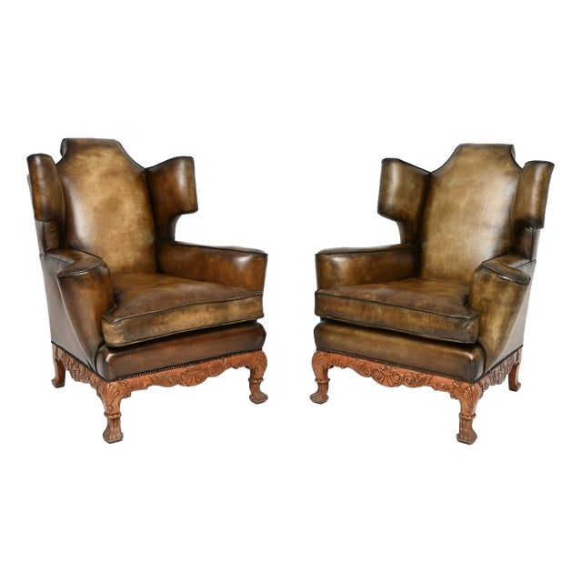 Vintage Leather Wing Back Chairs, 1920s, Set of 2 For Sale