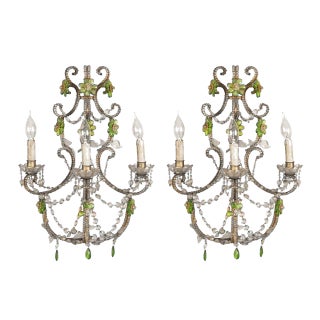 Italian Crystal Beaded Wall Fixtures or Sconces with Green Flowers, Set of 2 For Sale