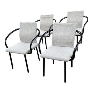 1970s Vintage Gray Wool Upholstered Chairs with Black Metal Frames- Set of 4 For Sale