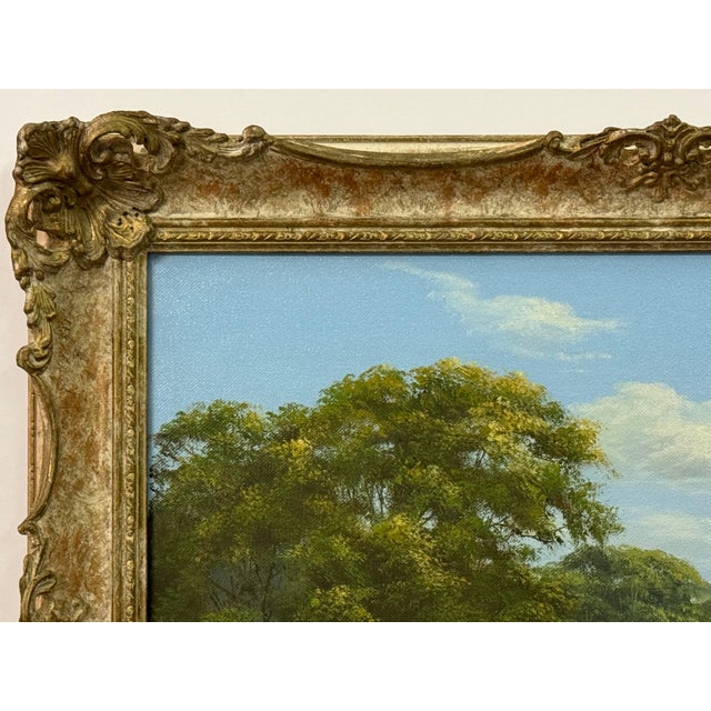 Realism Lush Green English Countryside with Cottage & River by British Landscape Artist 1980 Circa For Sale - Image 3 of 18
