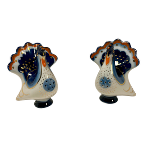 Set of 2 Vintage Lomonosov Porcelain Salt and Pepper Turkey Shakers Made in Ussr