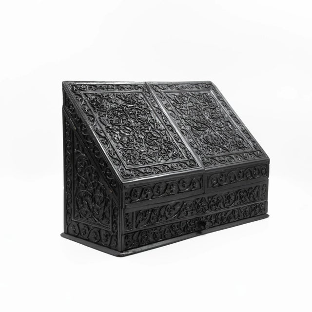 Mid 19th Century Anglo-Indian Carved Solid Ebony Stationery Box For Sale - Image 4 of 11