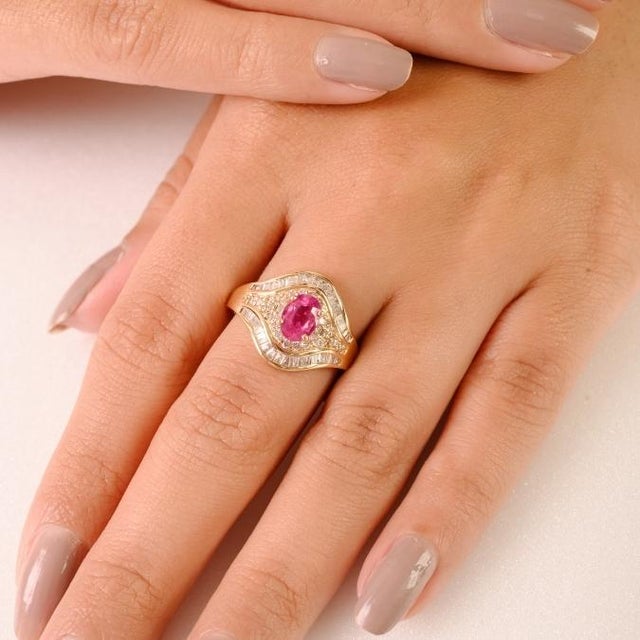 1 Carat Oval Ruby & Cluster Diamond Art Deco Statement Ring Size 7 in 14k Gold For Sale - Image 4 of 16