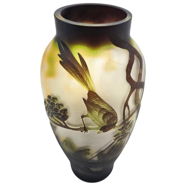 Brown Chinese Peking Cameo Overlay Glass Vase With Bird and Pine Tree Motif, Frosted Art Glass For Sale - Image 8 of 13