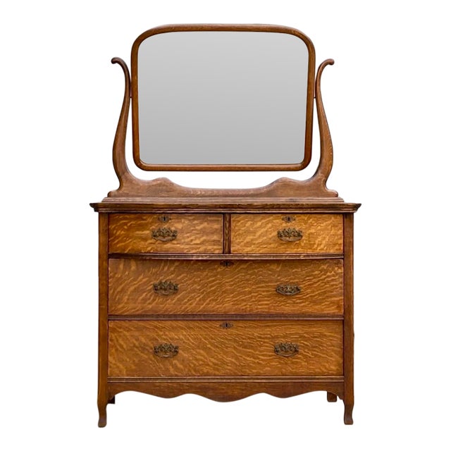 Antique Tiger Oak Four Drawer Dresser W/ Mirror For Sale
