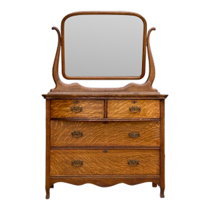 Antique Tiger Oak Four Drawer Dresser W/ Mirror