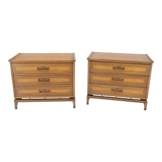 Three Drawers Light Walnut Banded Drawers Drop Pulls Bachelor Chests - A Pair For Sale