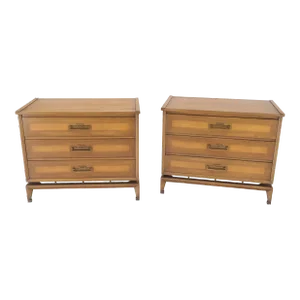 Three Drawers Light Walnut Banded Drawers Drop Pulls Bachelor Chests - A Pair