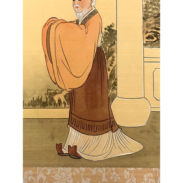 Chinoiserie Antique Chinese Painting on Fine Silk of a Scholar or Sage, in Orange Robe, Framed & Signed For Sale - Image 3 of 6