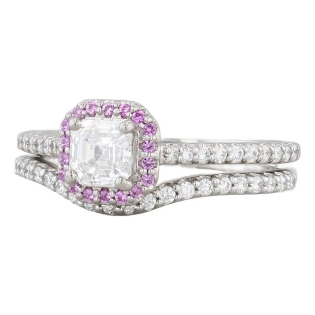 Gia 1.13ctw Diamond Pink Sapphire Halo Engagement Ring Wedding Band Set Platinum, Size 8 For Sale