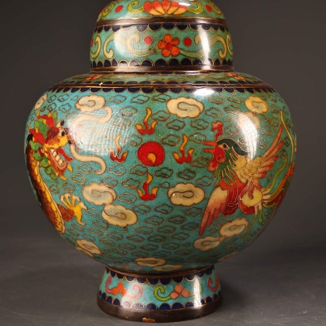 Pair of Vintage Cloisonne Enamel Vases – 11.8" Dragon & Phoenix Bottle Vases For Sale In Los Angeles - Image 6 of 10