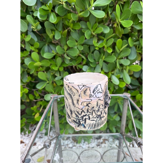 Ceramic Vintage Signed Studio Pottery Vessel With Abstract Relief Design For Sale - Image 7 of 10