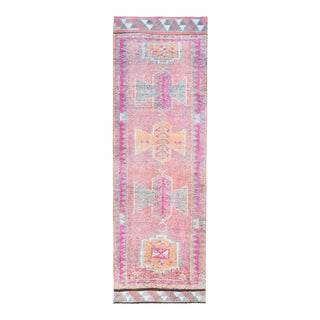 Vintage Turkish Oushak Handmade Wool Cotton Pink Runner Rug For Sale