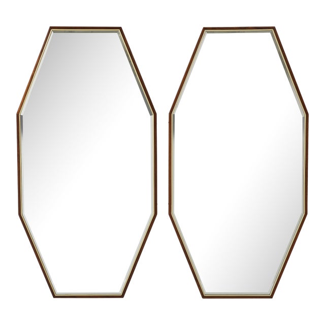 1950's Mid-Century Modern Large Walnut And Brass Octagonal Mirrors - A Pair For Sale
