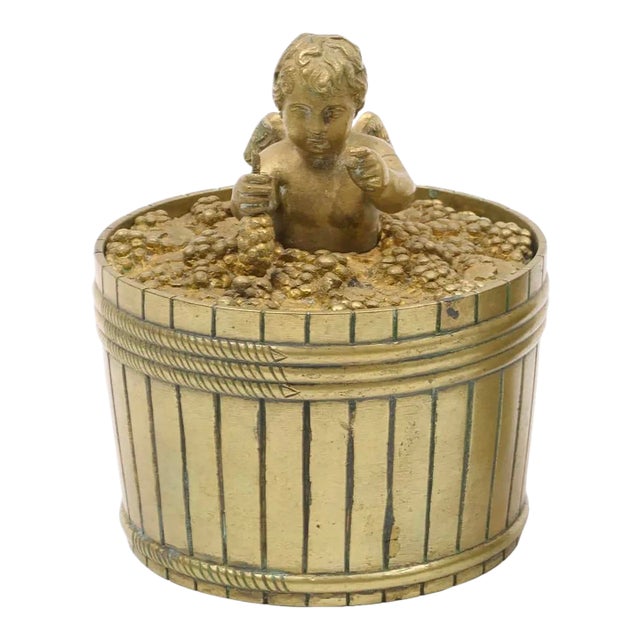 Antique Early 19th Century French Empire Bronze Inkwell in the Form of a Putto Making Wine in a Barrel of Grapes For Sale