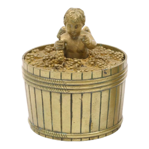Antique Early 19th Century French Empire Bronze Inkwell in the Form of a Putto Making Wine in a Barrel of Grapes