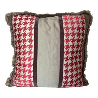 Pillow of Osborne & Little Tan + Cream Silk With Red Houndstooth Embroidery For Sale