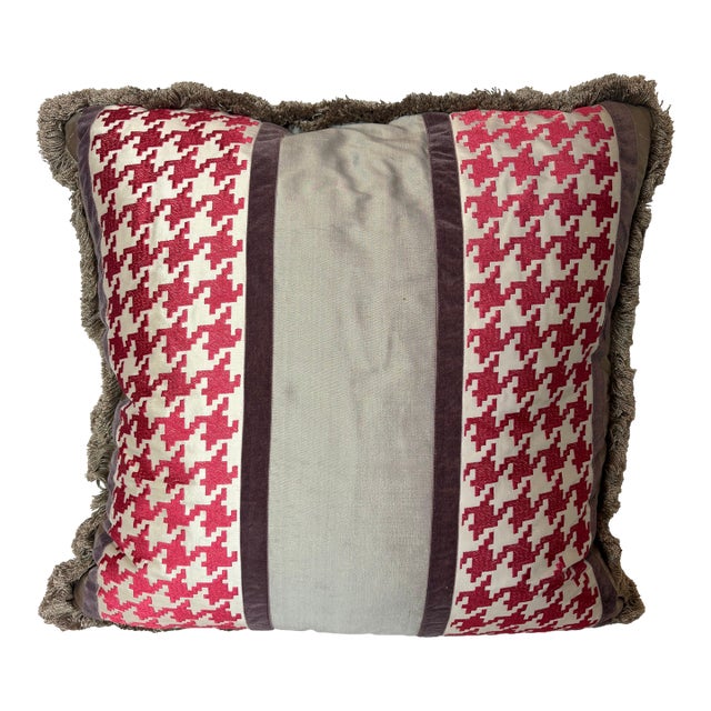 Pillow of Osborne & Little Tan + Cream Silk With Red Houndstooth Embroidery For Sale