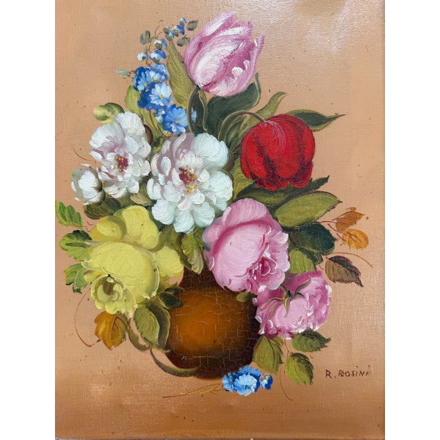 Italian post-war artist R. Rosini original, beautiful framed painting from the “Flowers” series, #47. This mid-century...