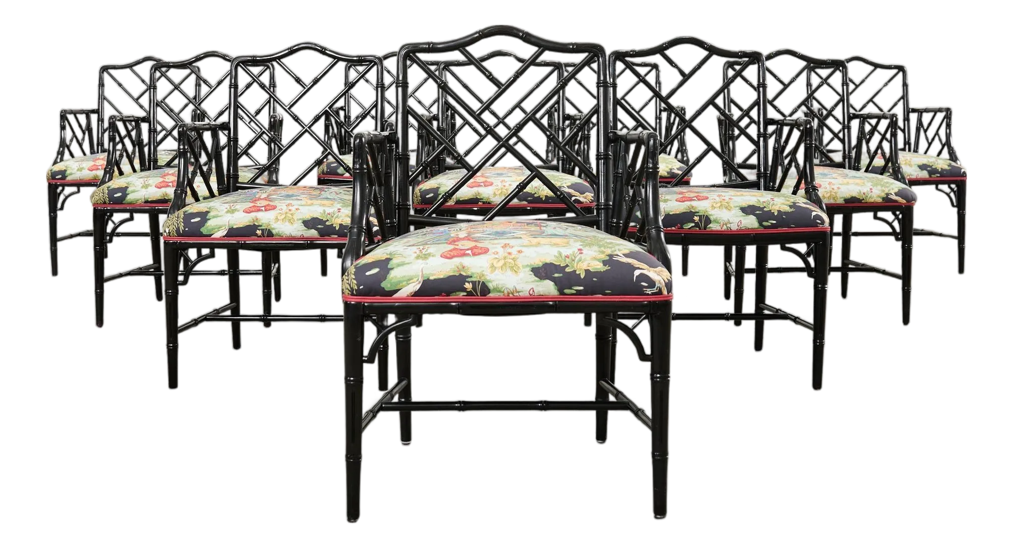 Set of Ten Chinese Chippendale Lacquered Faux Bamboo Dining Chairs