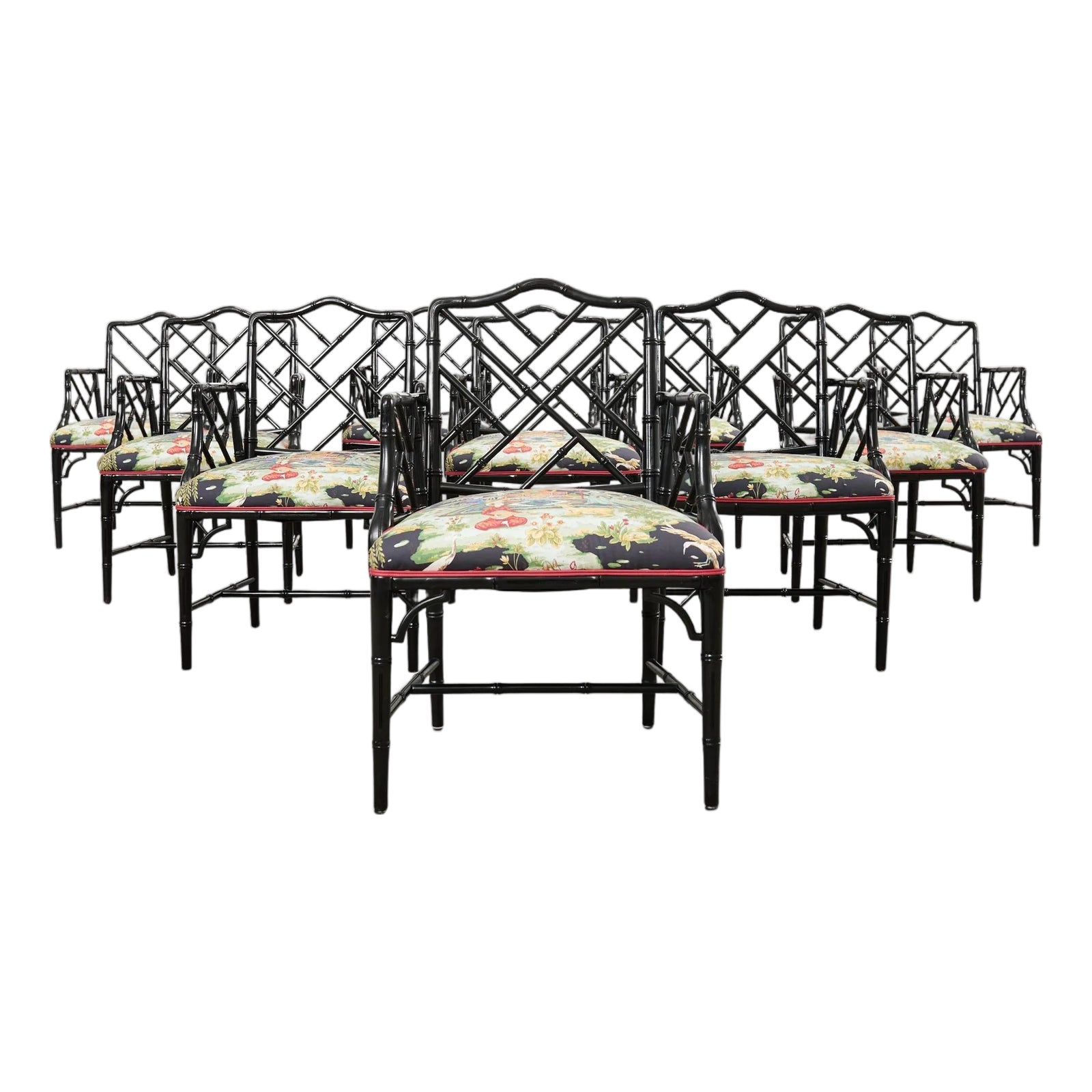 Set of Ten Chinese Chippendale Lacquered Faux Bamboo Dining Chairs