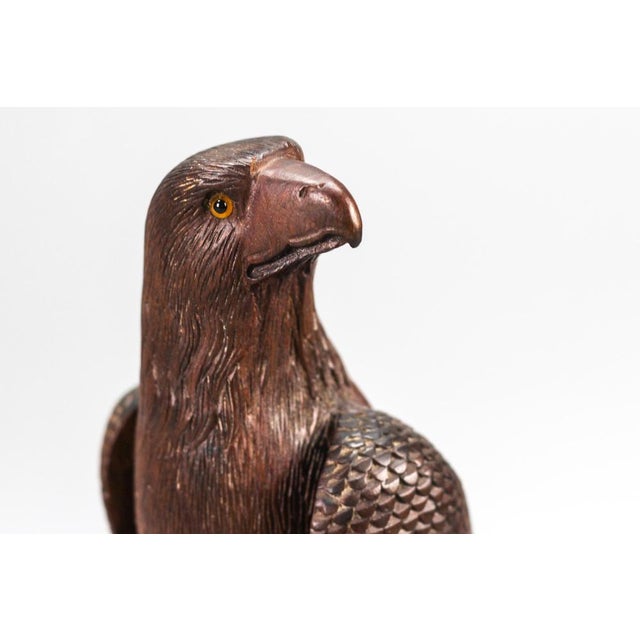 Brown Art Deco Carved Wooden Eagle Sculpture with Glass Eyes, 1960s For Sale - Image 8 of 18