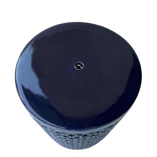 French Lanie Deep Blue Glaze Lattice Garden Stool For Sale - Image 3 of 10