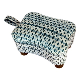 Reupholstered Antique Blue Footstool For Sale