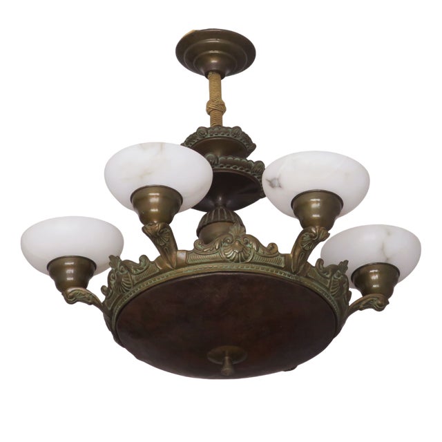 Antique Bronze and Alabaster Chandelier with Verdigris Patina, 1910 For Sale