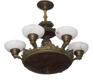 Antique Bronze and Alabaster Chandelier with Verdigris Patina, 1910