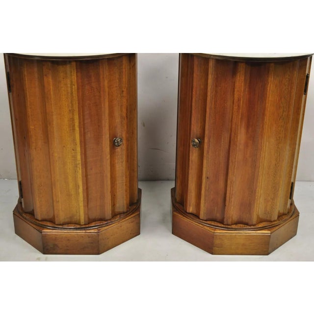 French Empire Round Marble Top Mahogany Column Pedestal Cabinet End Table Pair For Sale - Image 4 of 12