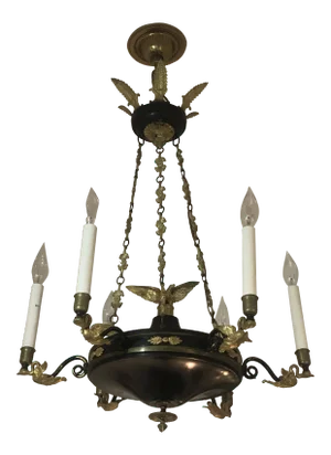 Vintage Empire Style Black, Polychrome and Bronze Chandelier With 6 Lights