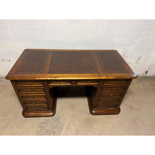 American Vintage Hekman Oak Tooled Leather Top Executive Office Desk " For Sale - Image 3 of 14