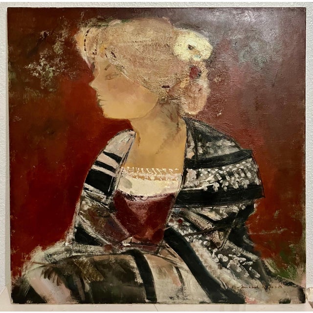 Michel Rodde (1913-2009) Oil on Canvas Painting Portrait of a woman: "La Dame a la Fleur Blanche" Hand signed lower right....