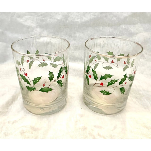 Vintage Lenox Holiday Double Old Fashion Glassware a pair of 2. Transparent with holly berry print around glass. Perfect...