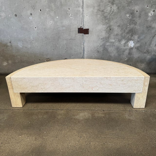 Wood Vintage Post Modern Half Moon Beige Wood & Travertine Coffee Table For Sale - Image 7 of 12