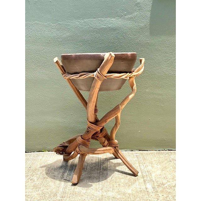 Camel Vintage Twisted Wood and Pottery Plant Stand For Sale - Image 8 of 16