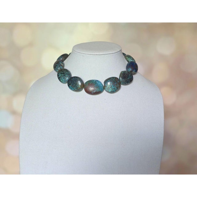 Vintage Arizona Chrysocolla Statement Necklace, Large Natural Gemstone Beads, Sterling Silver Karl Lagerfeld Clasp, Boho Jewelry For Sale - Image 4 of 10