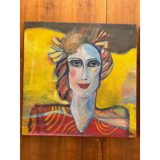 A striking pair of modern figurative portrait paintings, rendered in a bold, expressive style reminiscent of early 20th-...