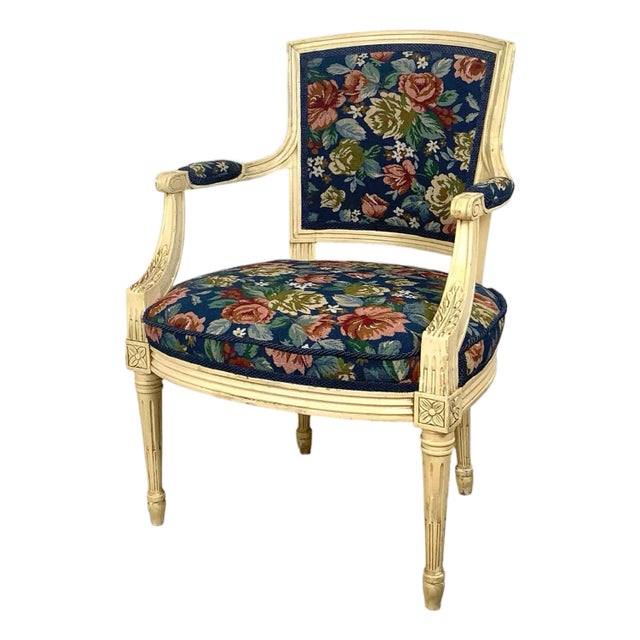 Louis XVI Style Painted Fauteuil, Vintage French Provincial Armchair For Sale
