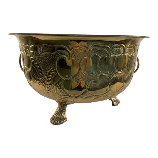 Large Vintage Brass Embossed Footed Jardiniere or Planter For Sale
