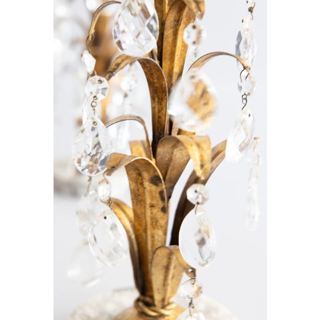 Metal Vintage Italian Gilt Tole & Crystals Candlesticks - A Pair For Sale - Image 7 of 9