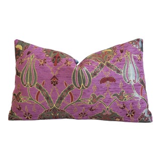 French Magenta Designer Velvety Chenille Floral Botanical Feather/Down Pillow 20" X 12" For Sale