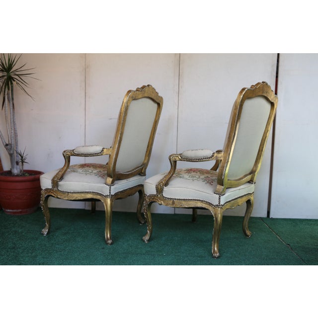Antique Set of French Tapestry Gild Carved Gold Wood Arm Chairs Chairs & Sofa For Sale - Image 13 of 18