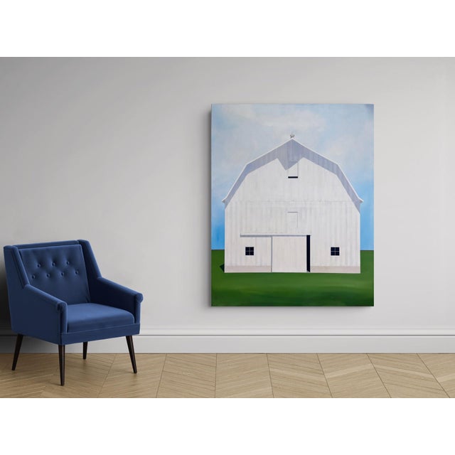 White Down in the Valley by Justin Wheatley | Acrylic on Canvas White Barn in Green Field For Sale - Image 8 of 11
