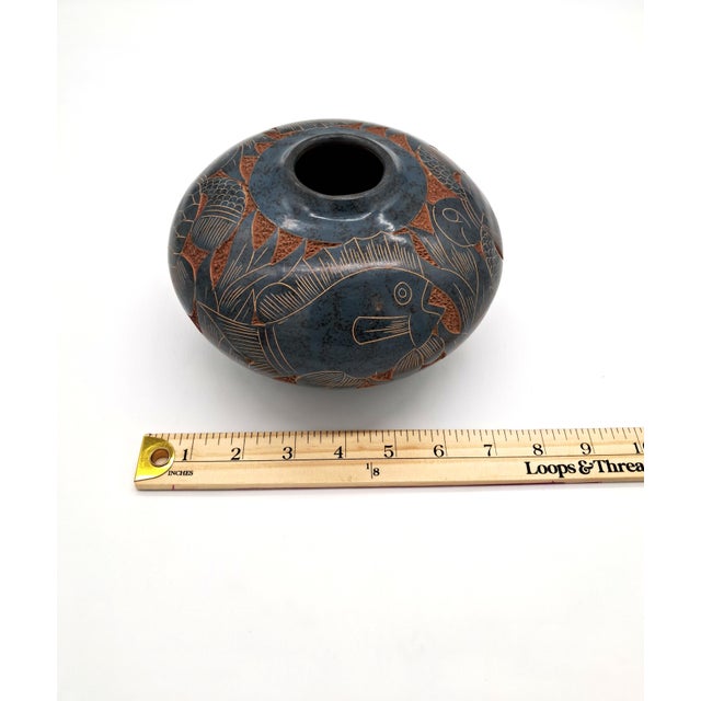 Signed Emir Calero Nicaraguan Pottery Vase, Hand-Carved Fish Design For Sale - Image 11 of 12
