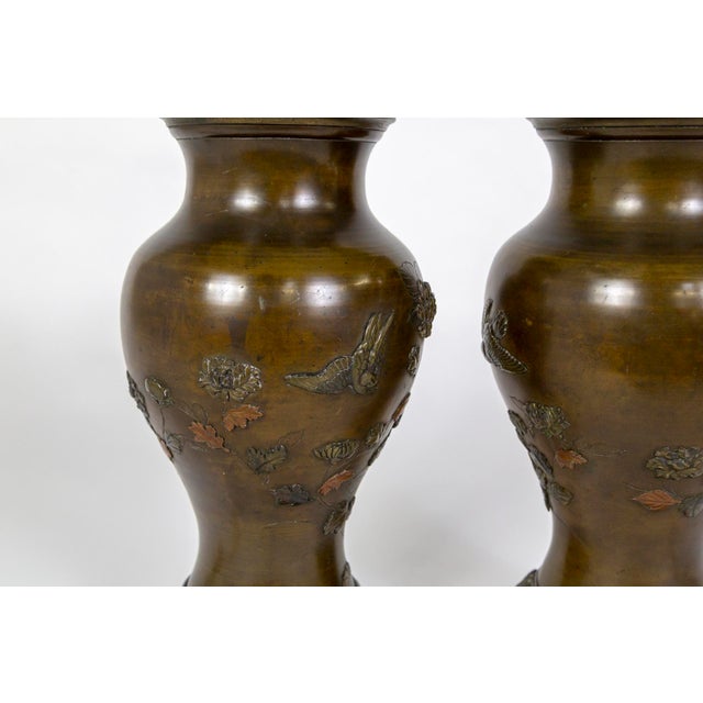 Late 19th Century Meiji Japanese Cast Bronze Relief Chrysanthemum & Birds Lamps - a Pair For Sale - Image 11 of 13