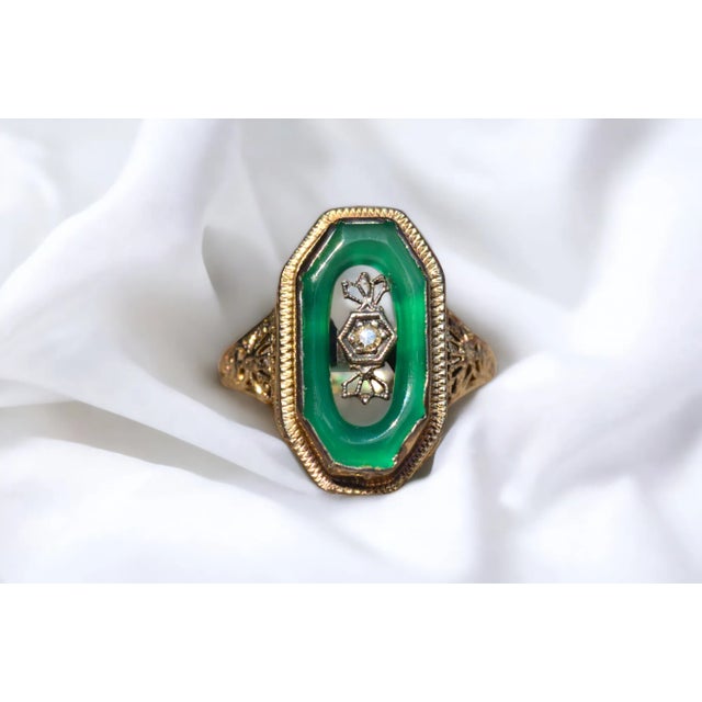 Contemporary The Estelle Avenue: Antique Filigree Cocktail Ring set with Chalcedony and Diamond, Size 5.75 For Sale - Image 3 of 11