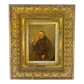 19th Century Portrait Painting of Monk on Wood in Gilt Frame For Sale