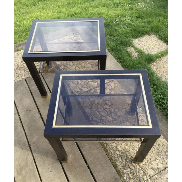 Pair of blackened wood sofa end tables circa 70s with brass & 2 smoked glass tops, one of the lower tops has a broken...